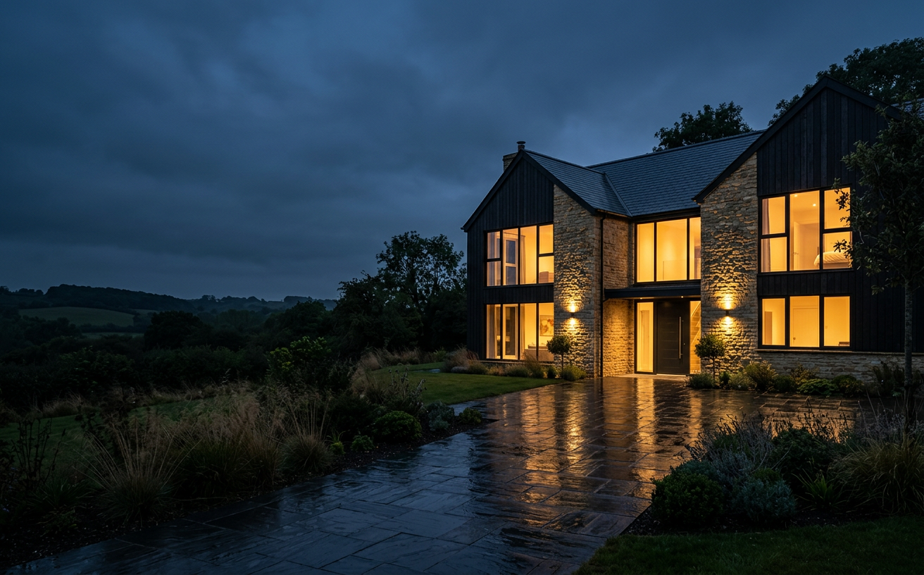Contemporary family home with natural stone, dark timber and warm evening lights